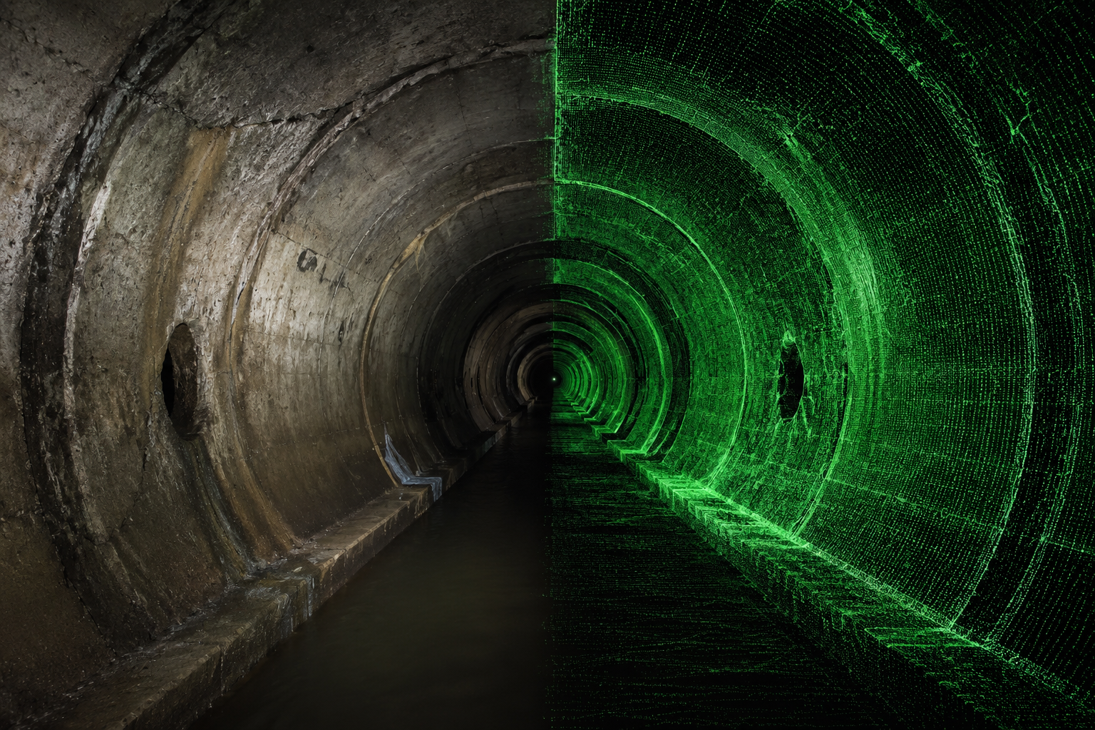 Digital twin wireframe mesh overlaid on a concrete tunnel interior